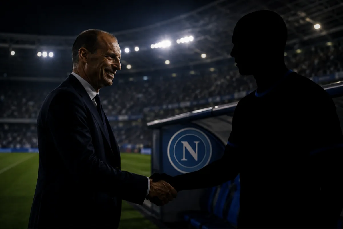 Max Allegri stringe la mano a un giocatore nello stadio del Napoli con stemma SSC Napoli sullo sfondo
