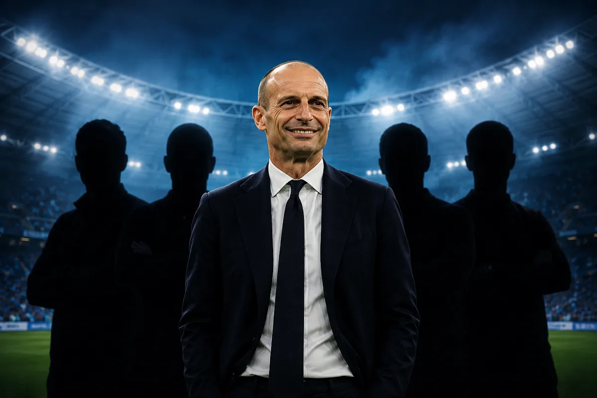 Allegri in abito blu e cravatta nera sorride davanti a uno stadio illuminato, con figura silhouettate sullo sfondo