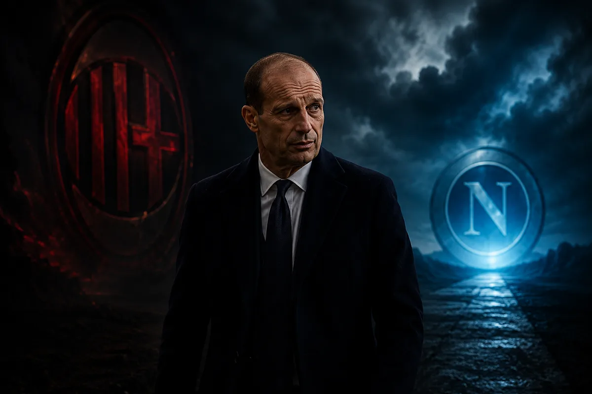 Allegri in completo scuro con cravatta, sfondo con loghi Milan e Napoli