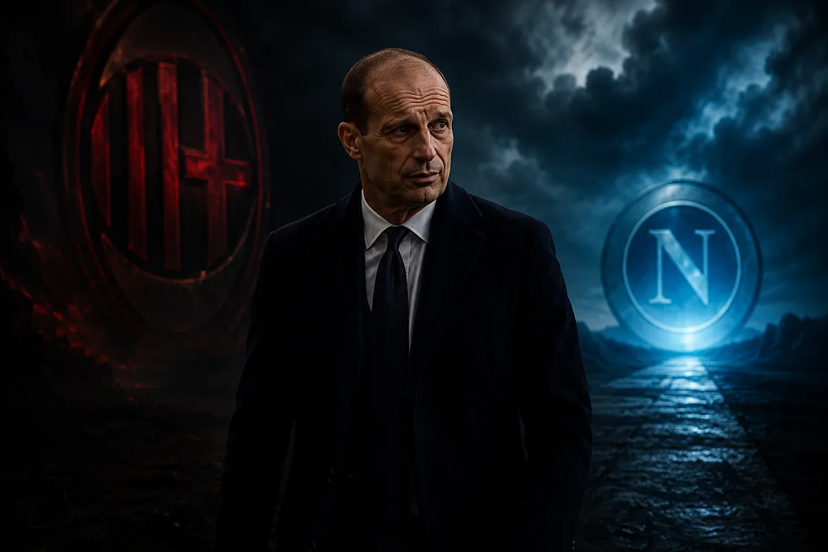 Allegri in abito scuro con cravatta, ritratto professionale con loghi Milan e Napoli sullo sfondo