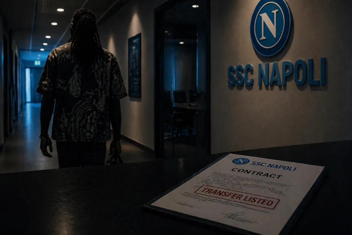 Calciatore di spalle nei corridoi della sede SSC Napoli con contratto marcato 'Transfer Listed' davanti al logo del club