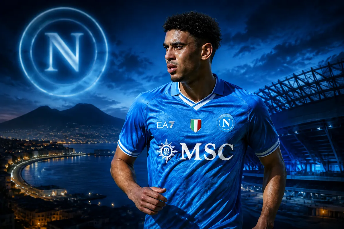 Atta con la maglia del Napoli con sponsor EA7 e MSC, sullo sfondo il panorama di Napoli e lo stadio