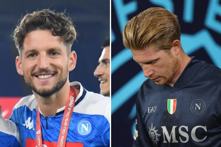 Dries Mertens in maglia Napoli accanto a Kevin De Bruyne