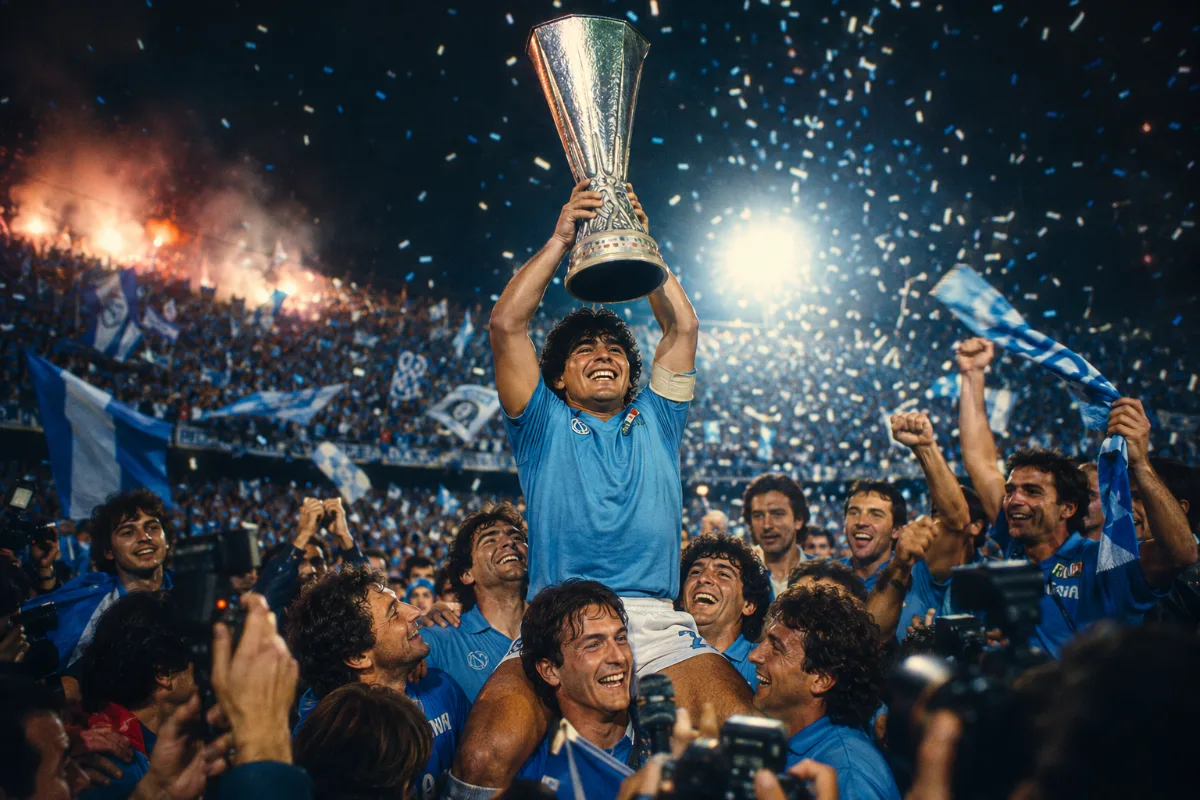 Giocatore del Napoli solleva la Coppa UEFA tra i compagni in festa nello stadio