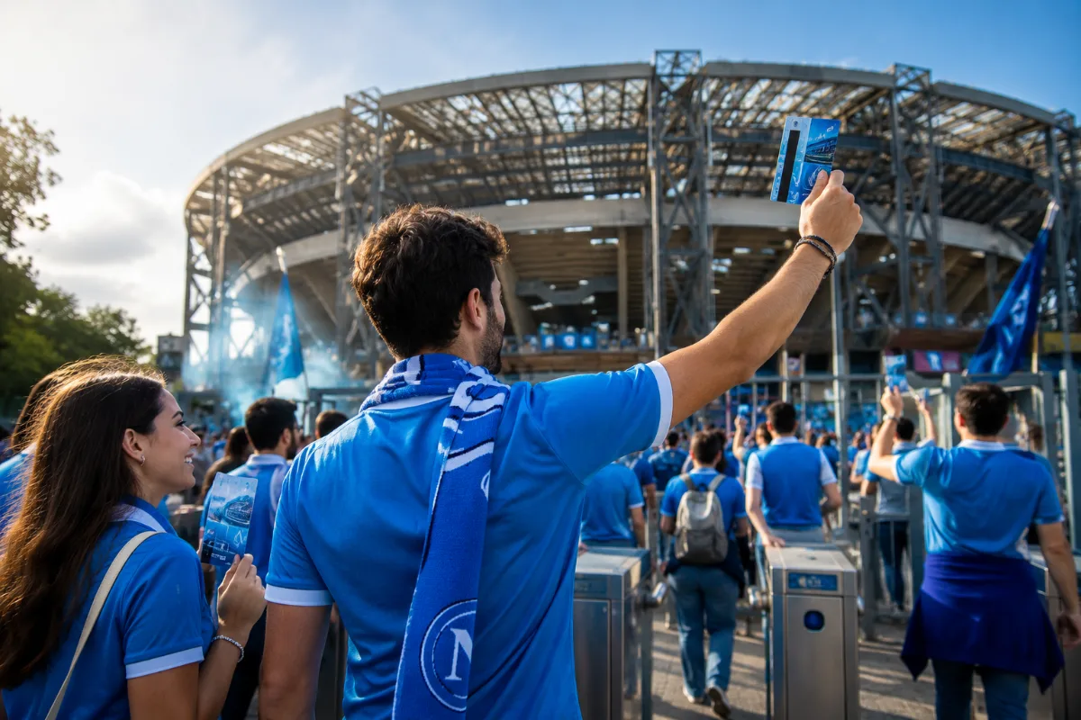 Tifosi del Napoli in azzurro davanti allo stadio San Paolo, uno scatta una foto con il telefono