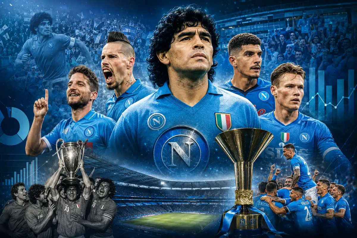 Collage celebrativo SSC Napoli con giocatori in maglia azzurra, trofei e stemma del club