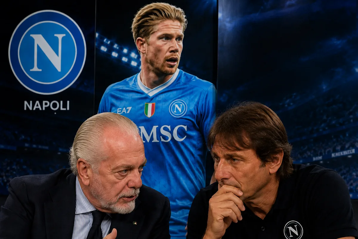 De Bruyne in maglia Napoli sullo sfondo mentre De Laurentiis e Conte discutono in primo piano