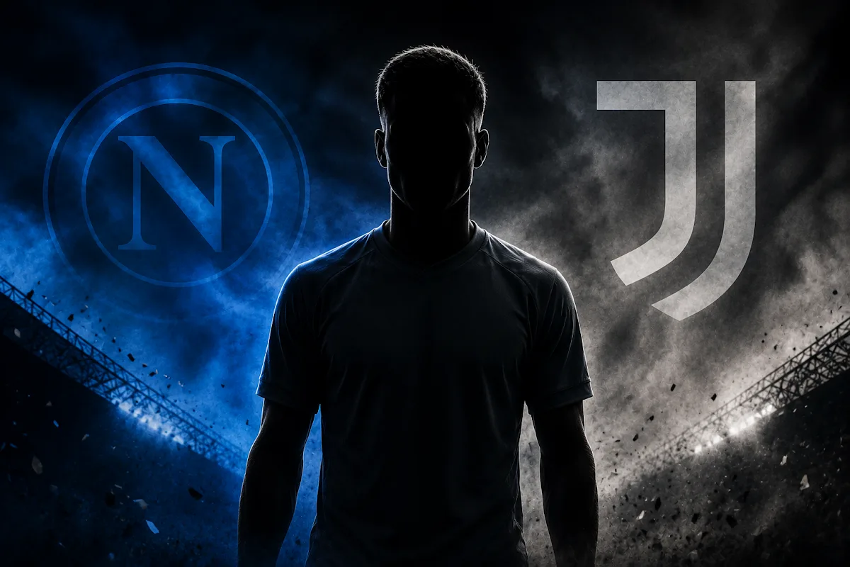 Silhouette di giocatore tra i loghi di Napoli e Juventus su sfondo di stadio
