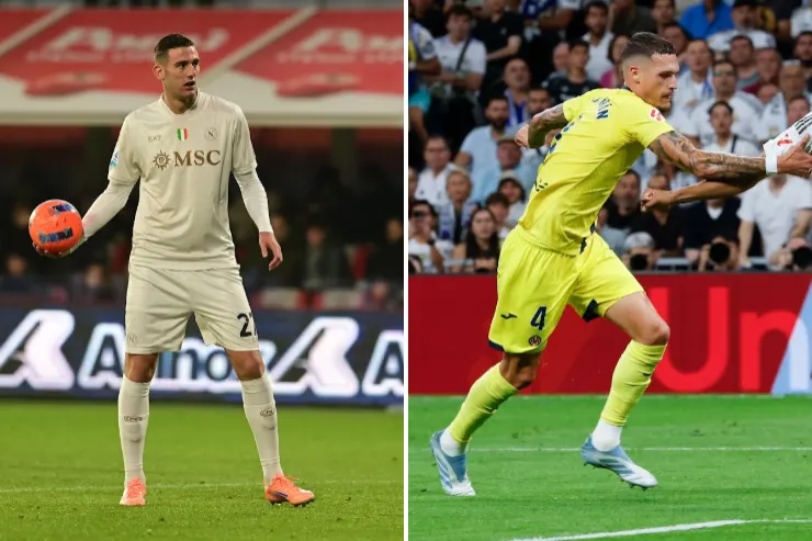 Lorenzo Lucca con la maglia del Napoli (a sinistra), Rafa Marin durante un duello difensivo col Villarreal (sulla destra)