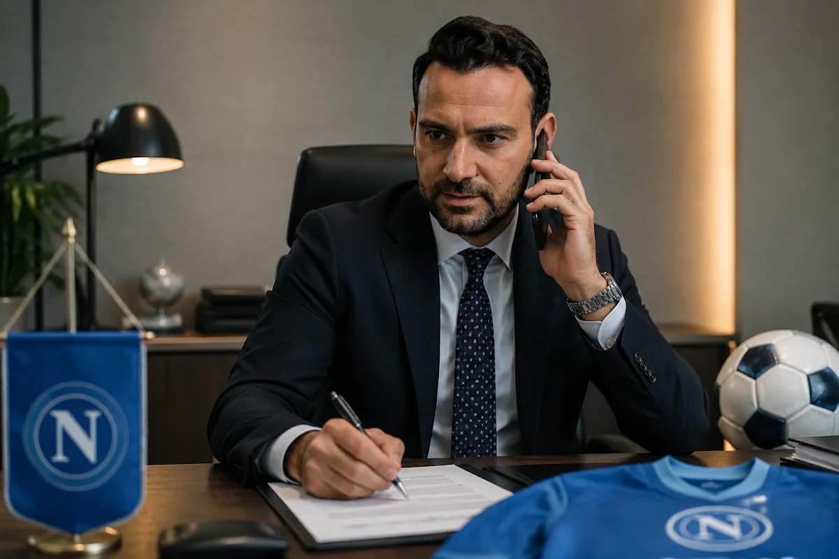 Il ds del Napoli Manna in ufficio al telefono con documenti e pallone da calcio sul tavolo