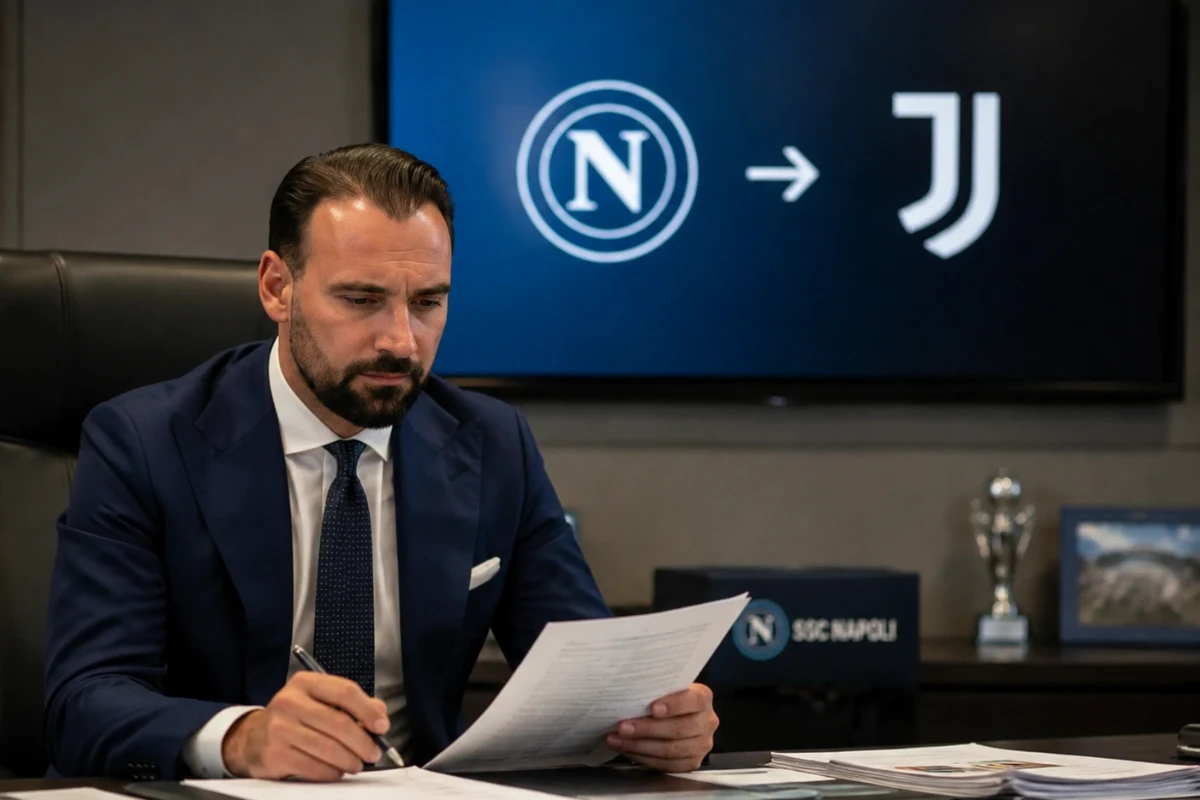 Giovanni Manna, direttore sportivo del Napoli, legge documenti in conferenza stampa con schermo Napoli-Juventus sullo sfondo