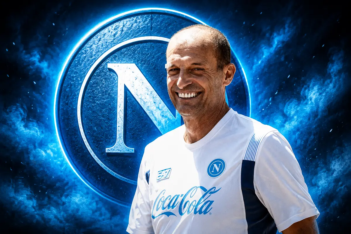 Allegri sorride con la maglia del Napoli, logo SSC Napoli sullo sfondo con effetto neon blu