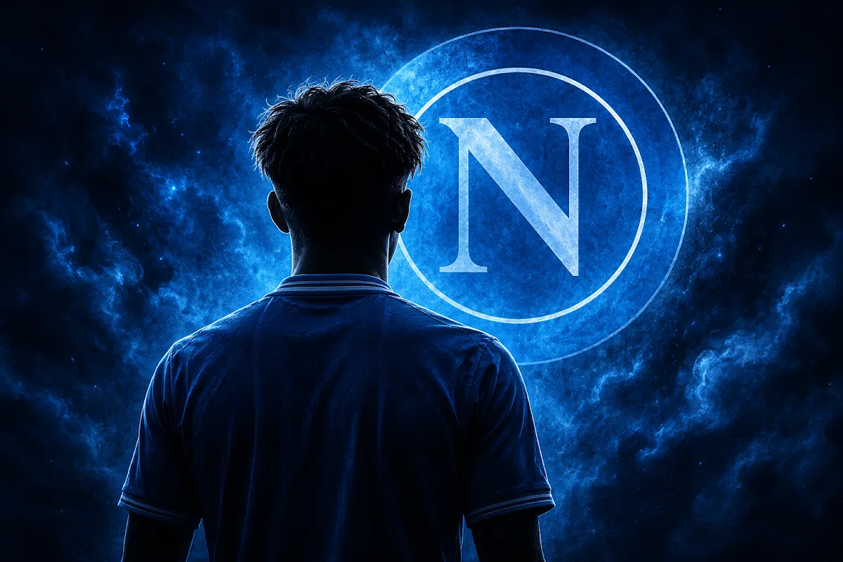 Giocatore di spalle con maglia azzurra davanti al logo del Napoli illuminato in blu