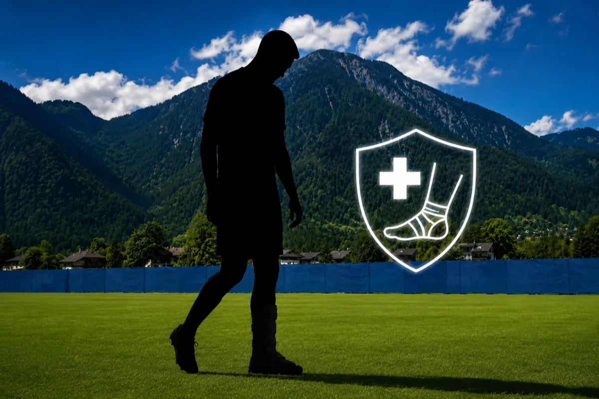 Silhouette di calciatore in campo a Dimaro con scudo medico e caviglia fasciata, montagne sullo sfondo