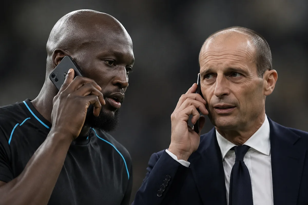 Lukaku in tuta nera con dettagli blu al telefono e Allegri in giacca blu scuro in comunicazione telefonica