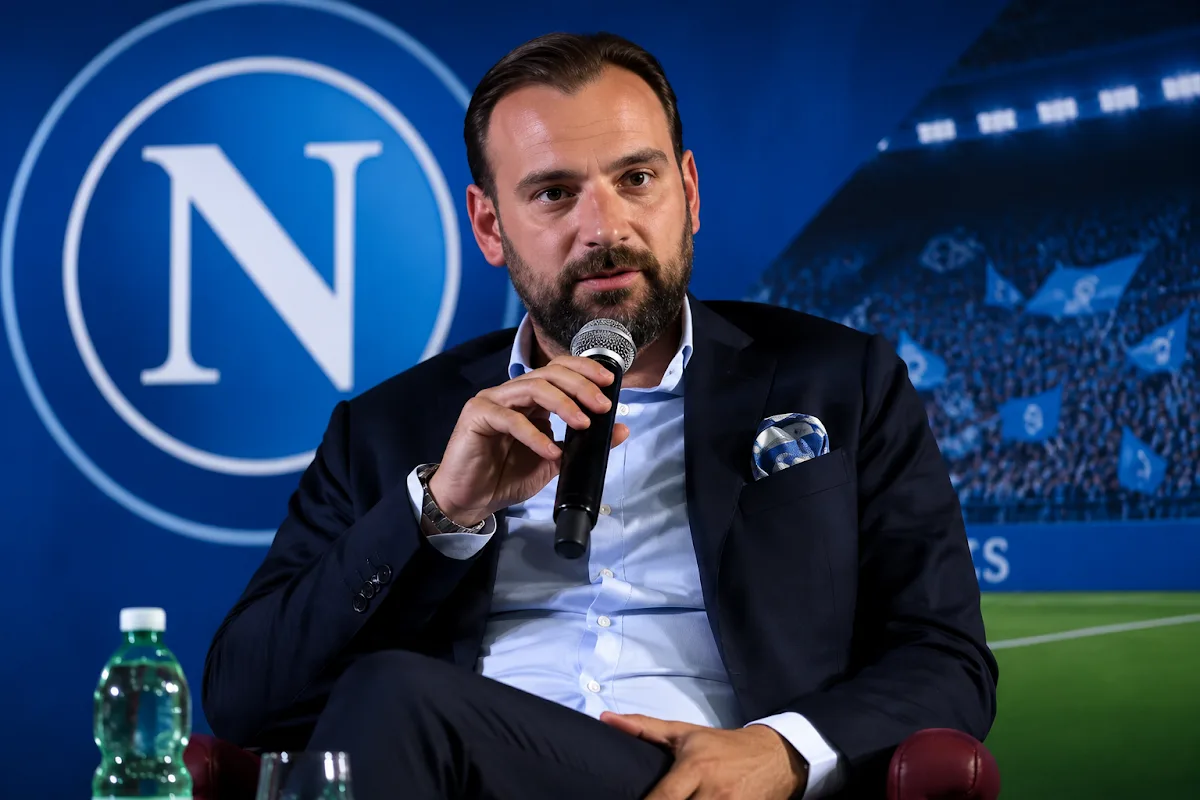 Giovanni Manna, direttore sportivo del Napoli, durante una conferenza stampa con microfono in mano e lo stemma azzurro sullo sfondo