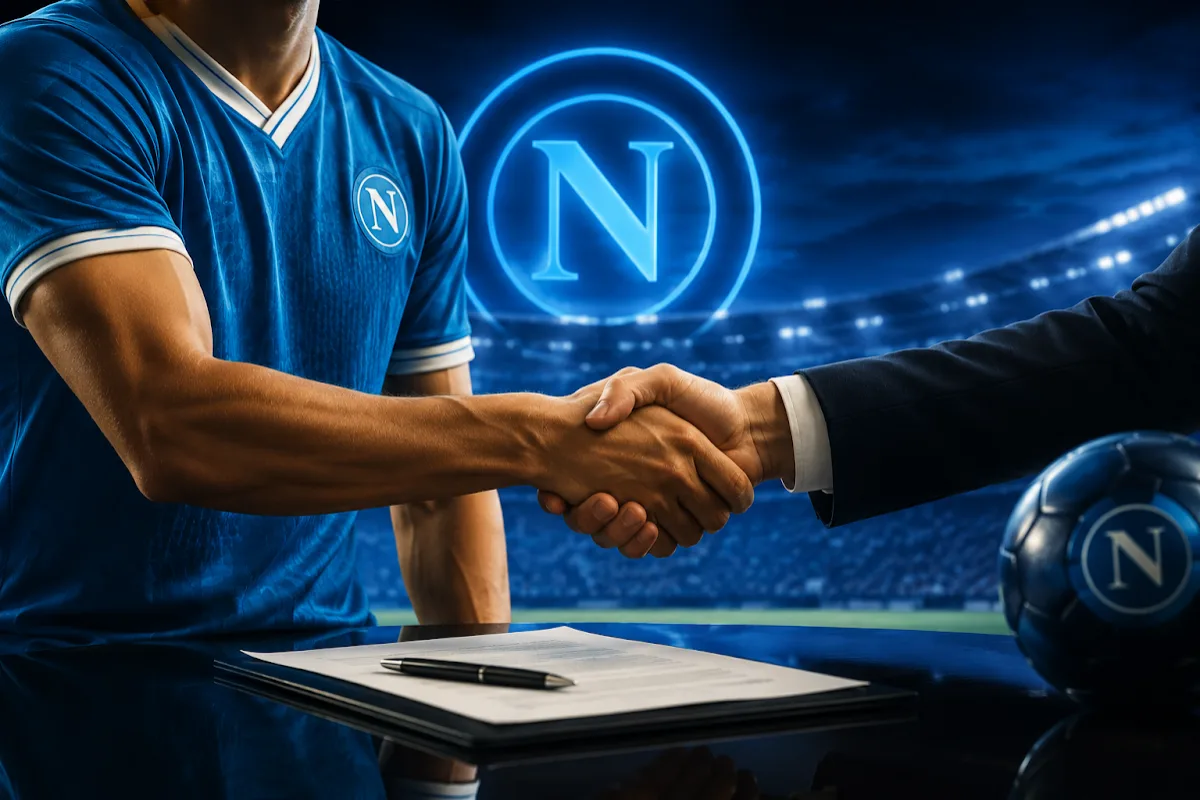 Stretta di mano tra calciatore in maglia Napoli e dirigente durante firma di accordo di mercato nello stadio