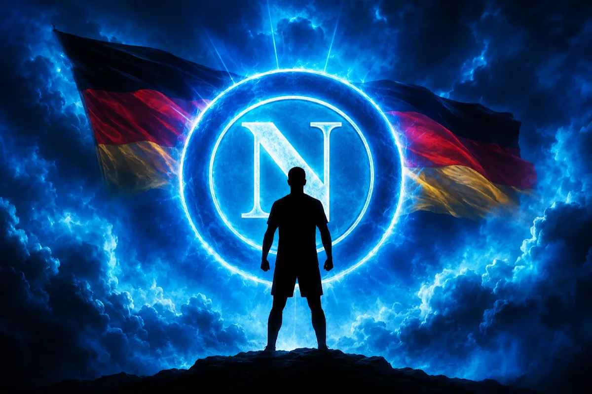 Silhouette di calciatore davanti al logo del Napoli illuminato con effetti blu e bandiera tedesca sullo sfondo