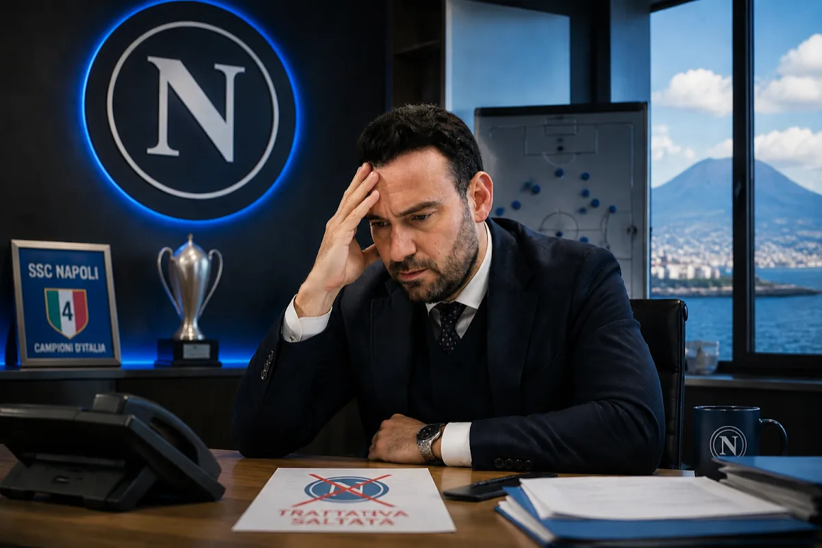 Dirigente del Napoli in ufficio con logo neon della squadra, espressione pensierosa durante una trattativa di mercato