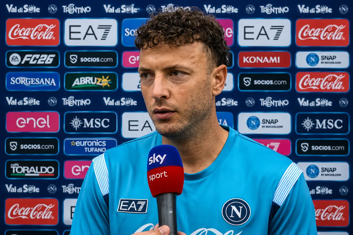 Rrahmani in intervista con microfono Sky Sport, indossa la maglia azzurra del Napoli davanti allo sponsor board