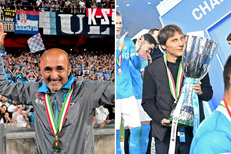 Luciano Spalletti con la medaglia dello scudetto del Napoli, sorridente nello stadio davanti ai tifosi