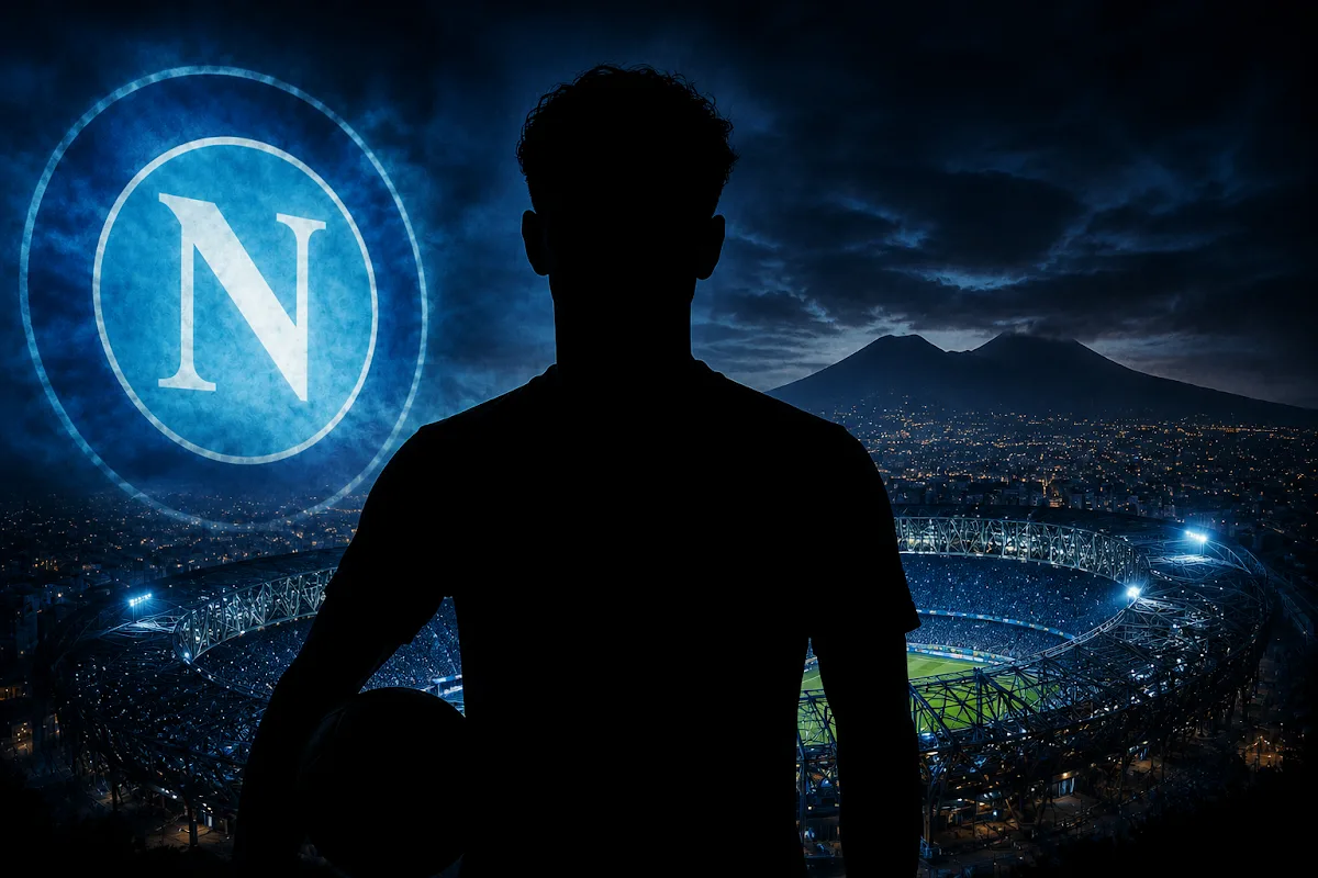 Silhouette di giocatore davanti al logo Napoli e allo Stadio San Paolo illuminato di notte