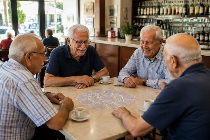 Quattro anziani giocano a scopa attorno a un tavolo in un bar napoletano, con tazze di caffè