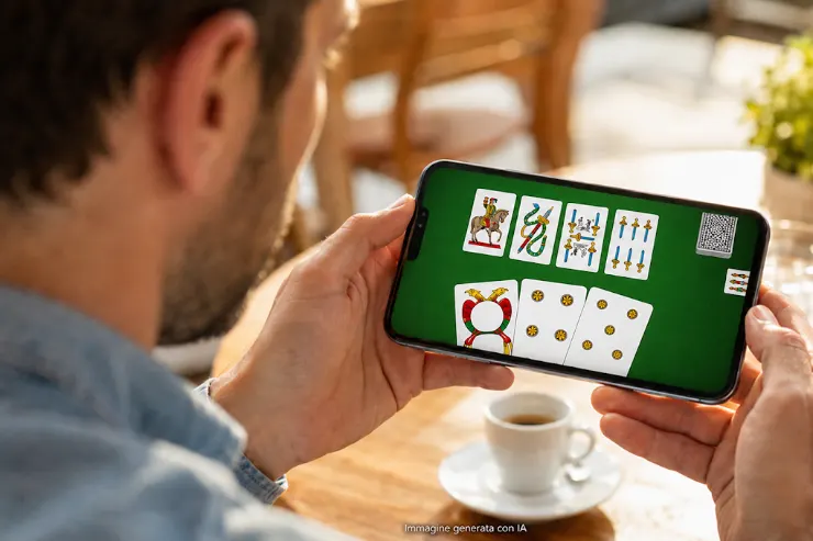 Uomo gioca a scopa online su smartphone mentre beve caffè al tavolo