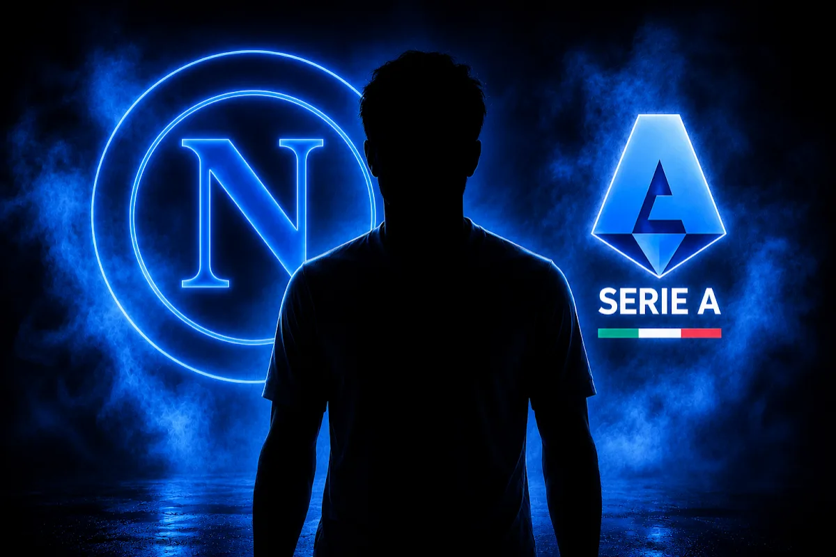Silhouette di calciatore con loghi Napoli e Serie A su sfondo blu neon, grafica mercato calcistico
