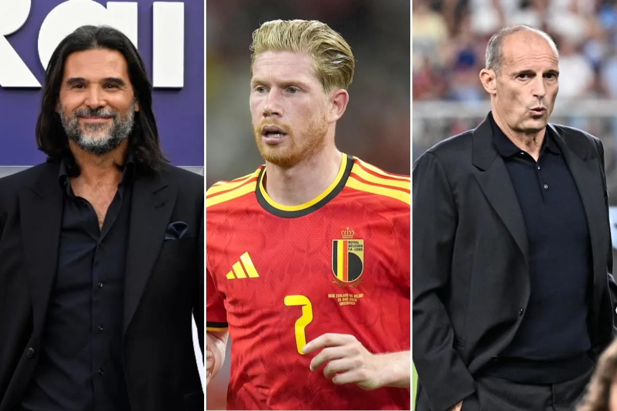 Lele Adani in studio televisivo con abito nero, accanto a immagine di De Bruyne in maglia Belgio e Allegri in panchina