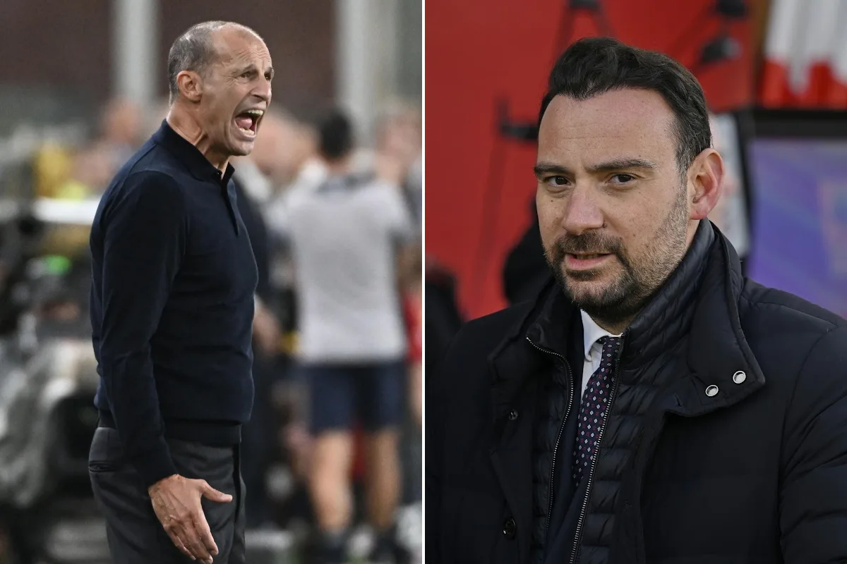Un uomo calvo con maglia scura urla a bordo campo, a sinistra; a destra un uomo con barba e giaccone scuro guarda in camera