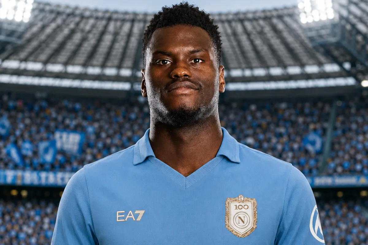Giocatore del Napoli in maglia azzurra EA7 con stemma centenario sullo sfondo dello stadio