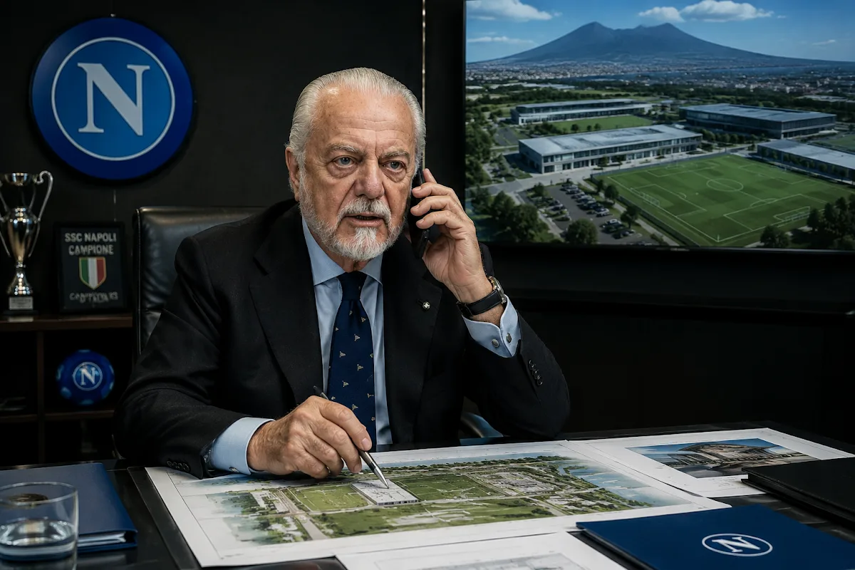 Aurelio De Laurentiis al telefono in ufficio con documenti del centro sportivo del Napoli