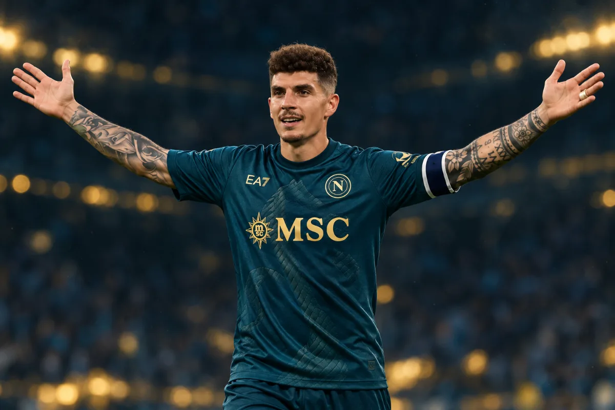 Giovanni Di Lorenzo con le braccia aperte indossa la maglia third kit blu del Napoli EA7 con sponsor MSC
