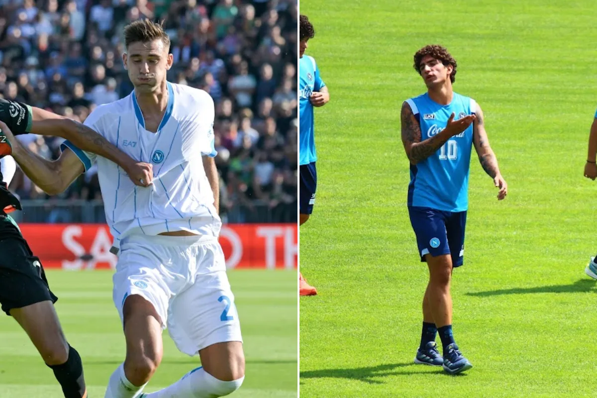 Due calciatori del Napoli: a sinistra in gara con la maglia bianca numero 2, a destra in allenamento con la maglia azzurra nu