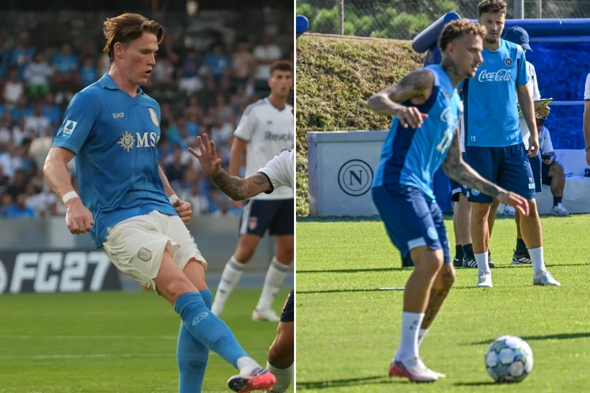 McTominay e Noa Lang con la maglia del Napoli mentre giocano la palla nel campo