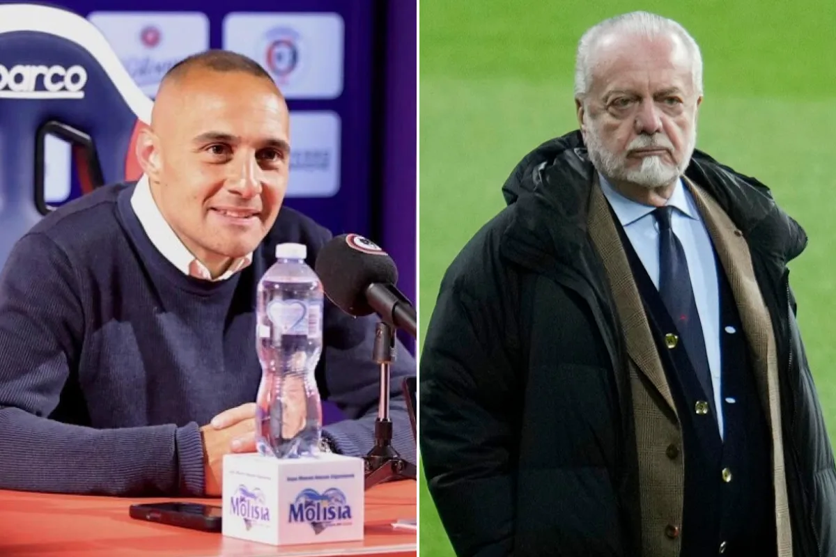 Due uomini affiancati: a sinistra un uomo sorridente in maglione blu durante una conferenza stampa, a destra un uomo con barb